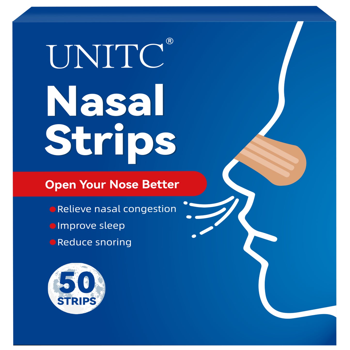 Unitc Extra Strength Nasal Strips, 50 Count, Triple Elastic Support, Reduces Nasal Congestion, Unscented, Tan