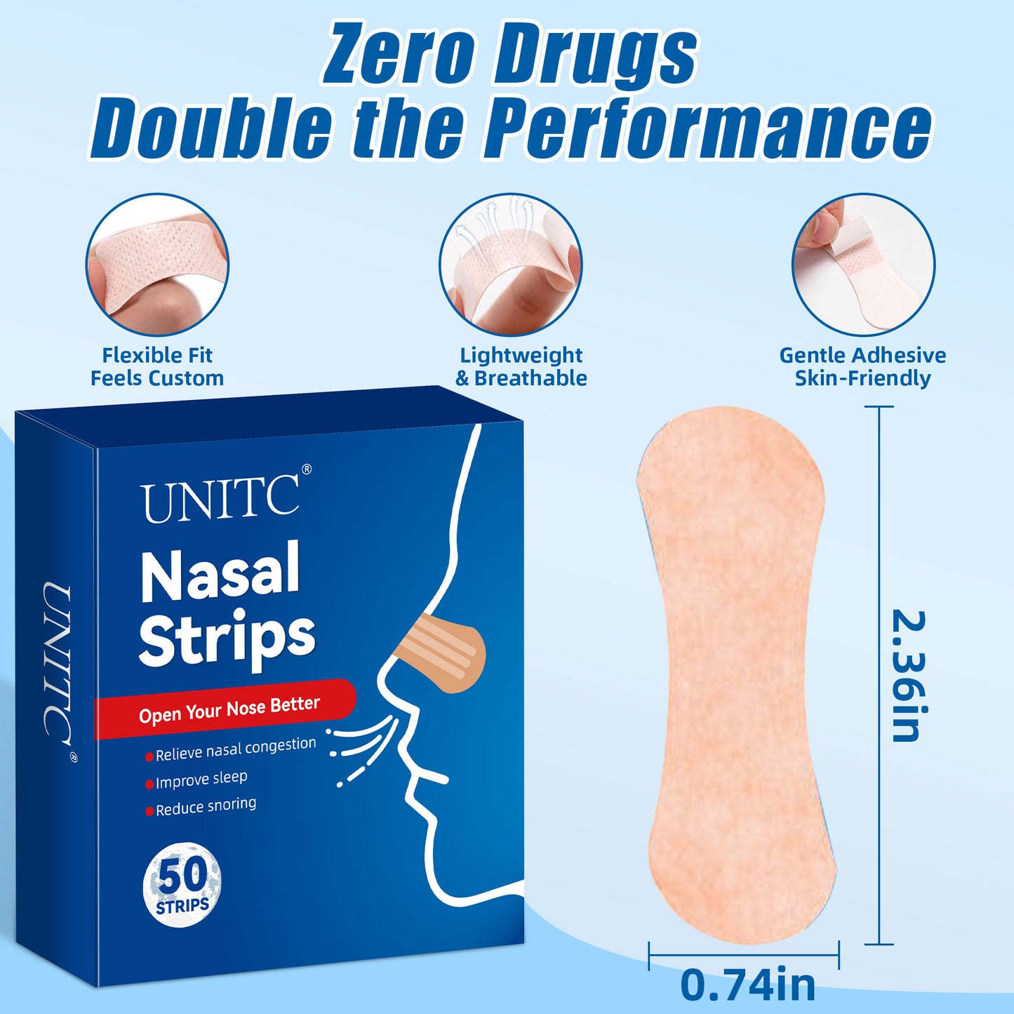 Unitc Extra Strength Nasal Strips, 50 Count, Triple Elastic Support, Reduces Nasal Congestion, Unscented, Tan