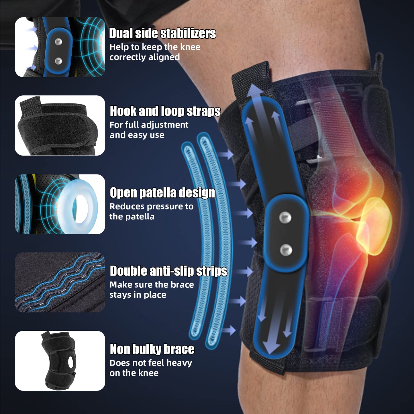 Knee Brace with Side Stabilizers & Patella Gel Pads for Maximum Knee Pain Support and fast recovery for men and women